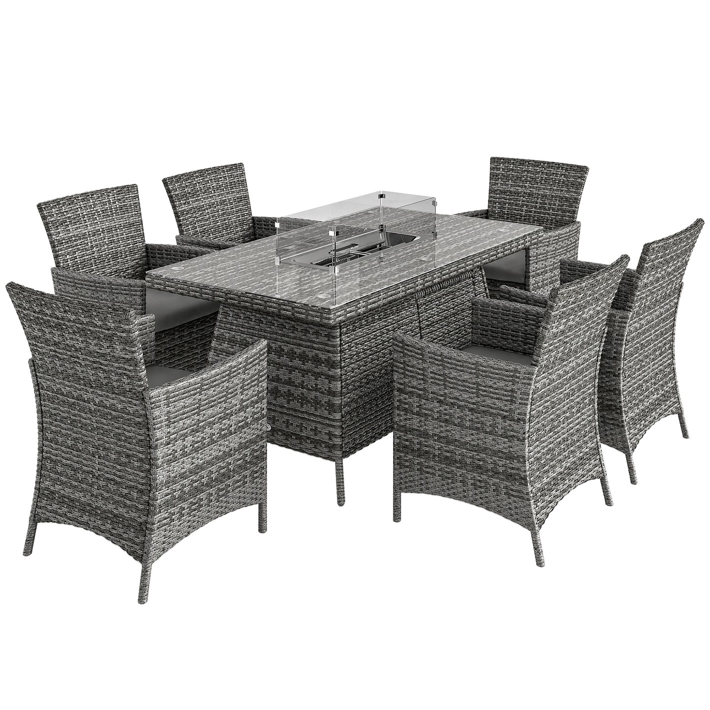 Photo of Outsunny 7 Pieces Outdoor Rattan Garden Furniture with Fire Pit Table, 6 Seater Garden Table and Chairs with Cushions, Rattan Dining Set with Propane Heater Table, Windscreen, 50,000 BTU, Grey in Grey colour on a white background