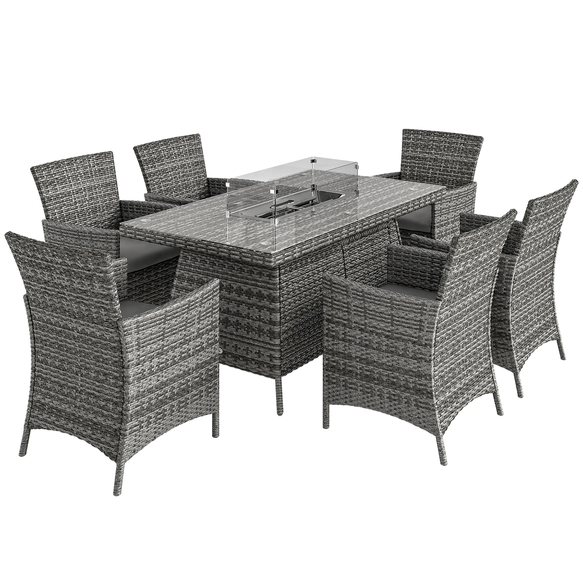Photo of Outsunny 7 Pieces Outdoor Rattan Garden Furniture with Fire Pit Table, 6 Seater Garden Table and Chairs with Cushions, Rattan Dining Set with Propane Heater Table, Windscreen, 50,000 BTU, Grey in Grey colour on a white background
