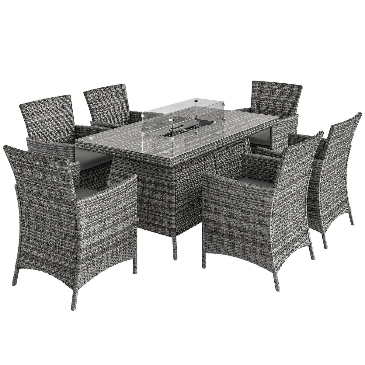 Photo of Outsunny 7 Pieces Outdoor Rattan Garden Furniture with Fire Pit Table, 6 Seater Garden Table and Chairs with Cushions, Rattan Dining Set with Propane Heater Table, Windscreen, 50,000 BTU, Grey in Grey colour on a white background