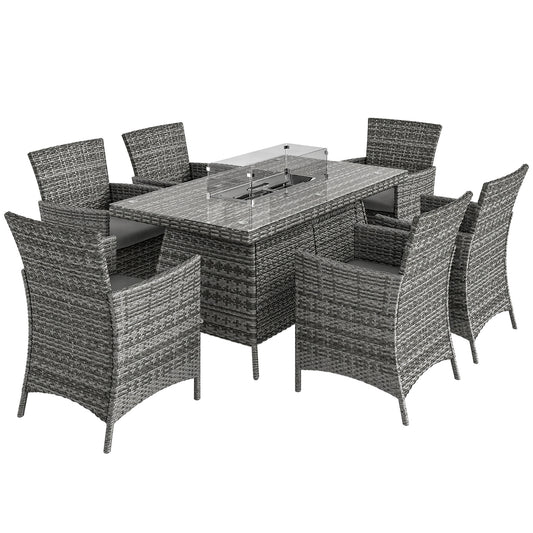Photo of Outsunny 7 Pieces Outdoor Rattan Garden Furniture with Fire Pit Table, 6 Seater Garden Table and Chairs with Cushions, Rattan Dining Set with Propane Heater Table, Windscreen, 50,000 BTU, Grey in Grey colour on a white background