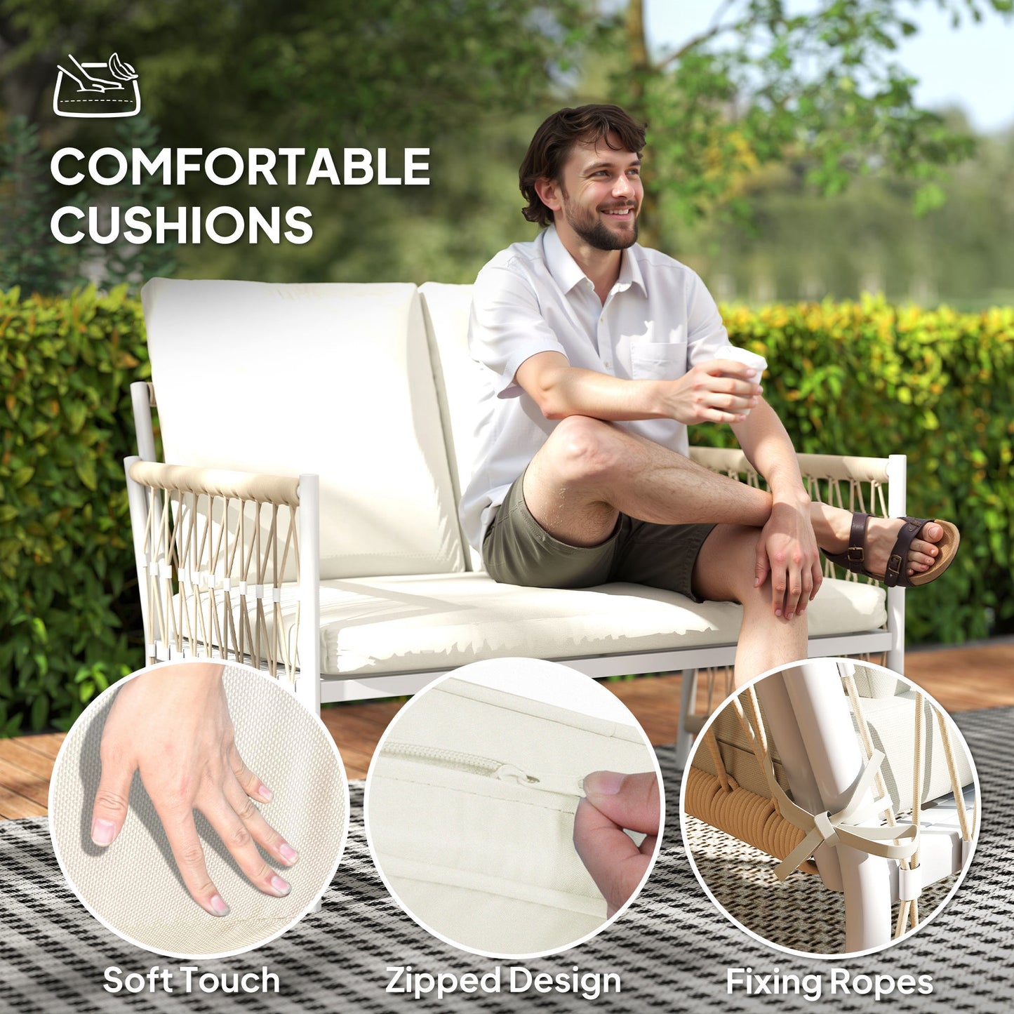 Outsunny 4 Piece Rattan Garden Furniture Set, 4 Seater Wicker Patio Conversation Set with 2 Armchairs, Loveseat, Glass Top Coffee Table and Cushions for Outdoor, Balcony, Khaki