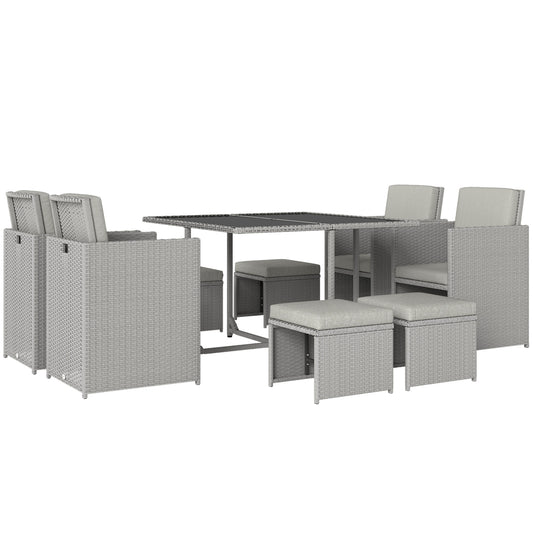 Photo of Outsunny 9 Piece Rattan Cube Garden Furniture Dining Set with Armchairs, Footstools and Glass-Top Table, Light Grey in Grey colour on a white background