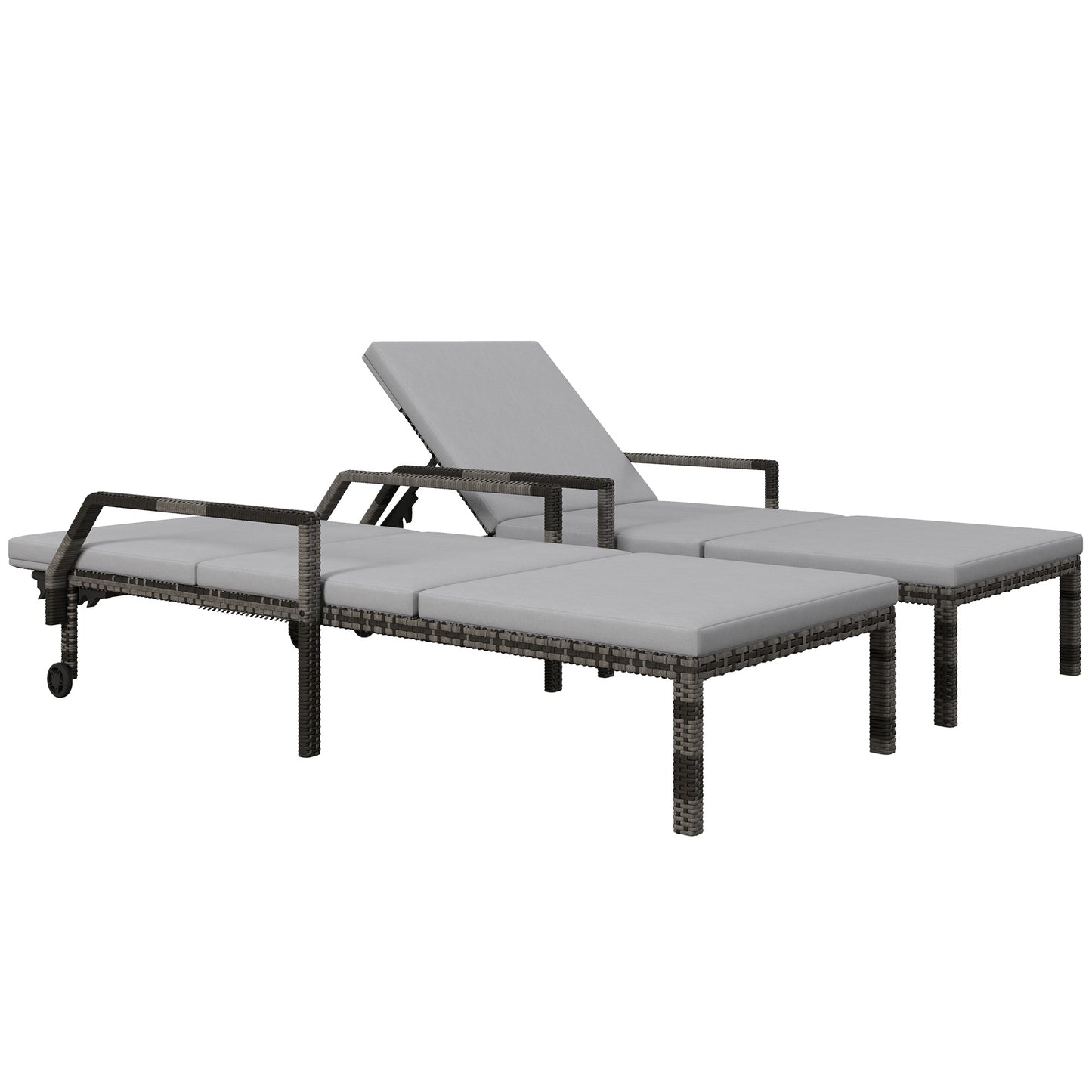 Photo of Outsunny Outdoor PE Rattan Sun Lounger Set of 2, Wicker Chaise Recliner Garden Chair with 5-Level Adjustable Backrest and 2 Wheels, Grey in Grey colour on a white background