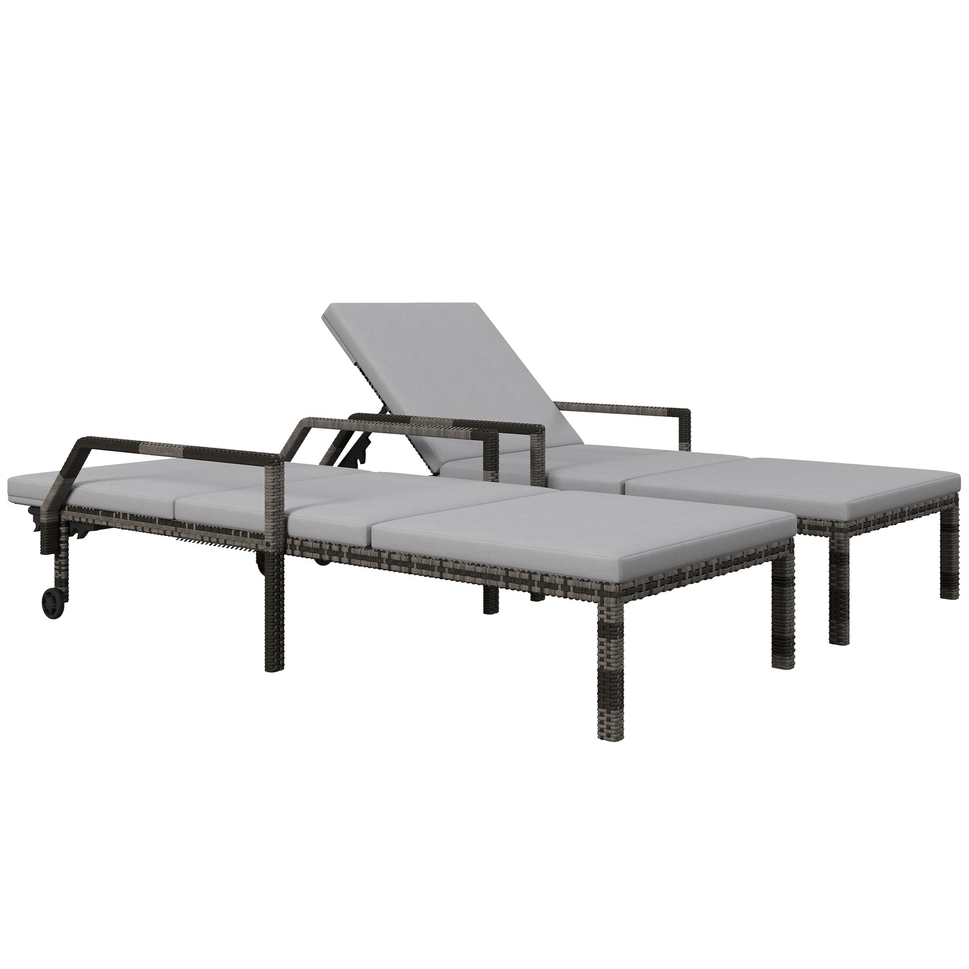 Photo of Outsunny Outdoor PE Rattan Sun Lounger Set of 2, Wicker Chaise Recliner Garden Chair with 5-Level Adjustable Backrest and 2 Wheels, Grey in Grey colour on a white background