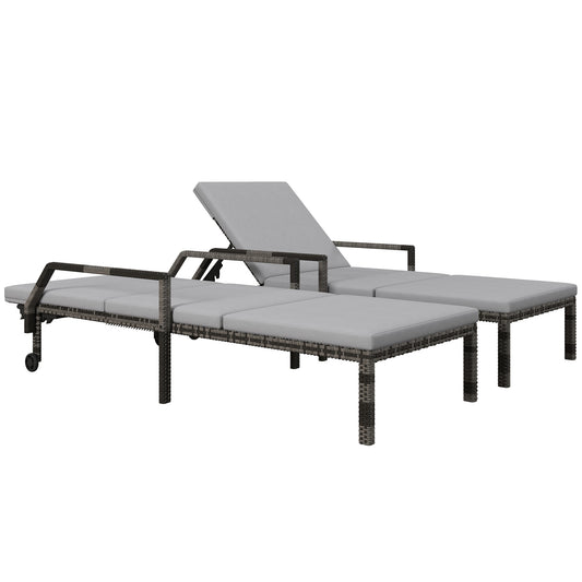 Photo of Outsunny Outdoor PE Rattan Sun Lounger Set of 2, Wicker Chaise Recliner Garden Chair with 5-Level Adjustable Backrest and 2 Wheels, Grey in Grey colour on a white background