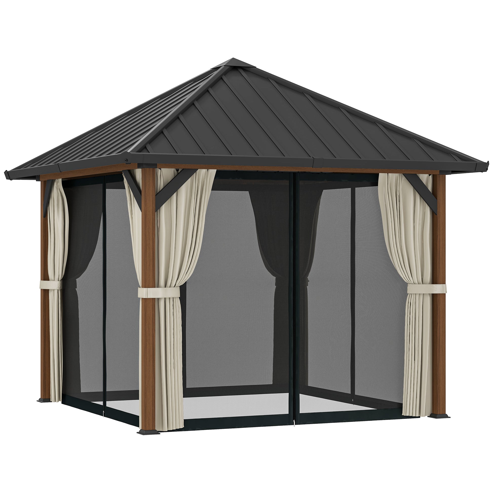 Photo of Outsunny 3 x 3(m) Hardtop Gazebo with Galvanised Steel Roof and Water Gutter, Waterproof Permanent Pavilion Garden Gazebo with Netting and Curtains for Patio, Deck, Walnut Wood Finish in Finish colour on a white background