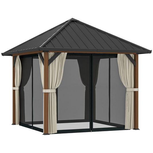 Photo of Outsunny 3 x 3(m) Hardtop Gazebo with Galvanised Steel Roof and Water Gutter, Waterproof Permanent Pavilion Garden Gazebo with Netting and Curtains for Patio, Deck, Walnut Wood Finish in Finish colour on a white background