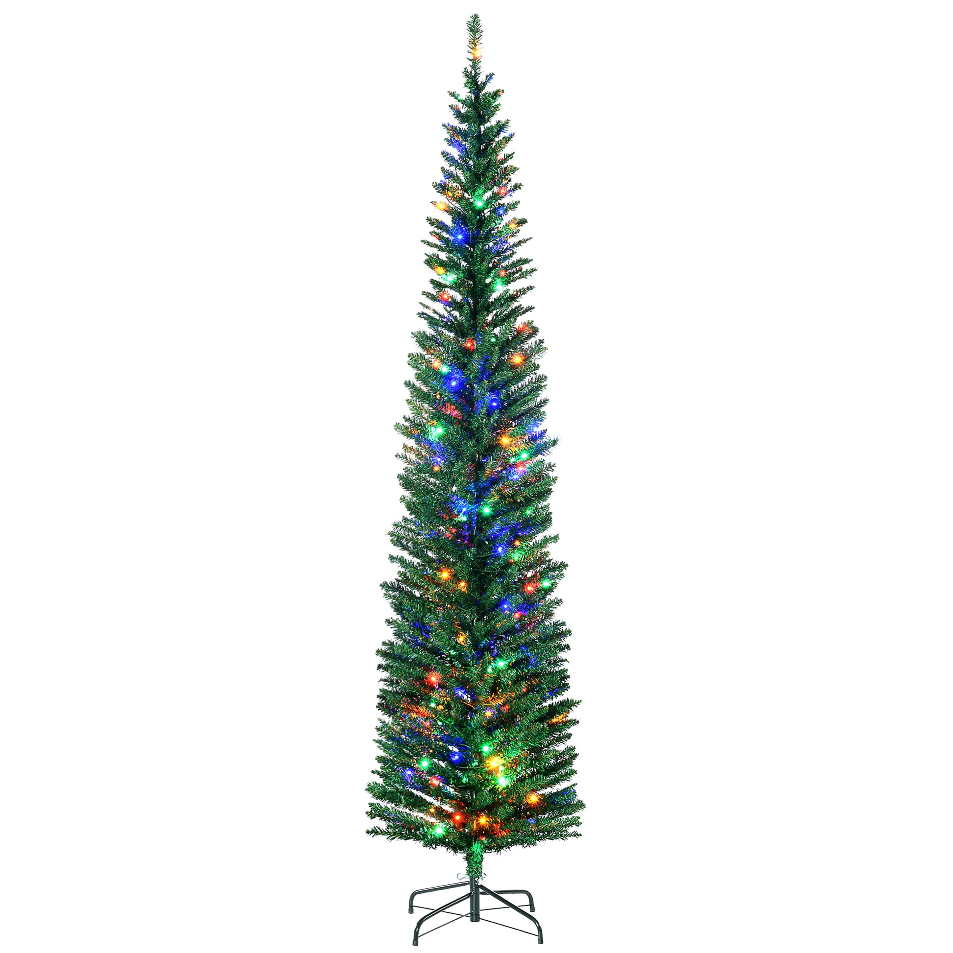 Photo of HOMCOM 7.5' Artificial Prelit Christmas Trees Holiday Décor with Colourful LED Lights, Pencil Shape, Steel Base in Base colour on a white background
