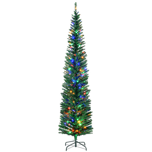 Photo of HOMCOM 7.5' Artificial Prelit Christmas Trees Holiday Décor with Colourful LED Lights, Pencil Shape, Steel Base in Base colour on a white background