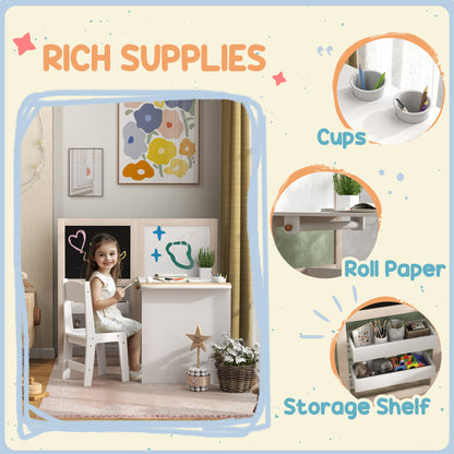 Children's table and chair set with storage shelves, supply cups, and a roll paper holder