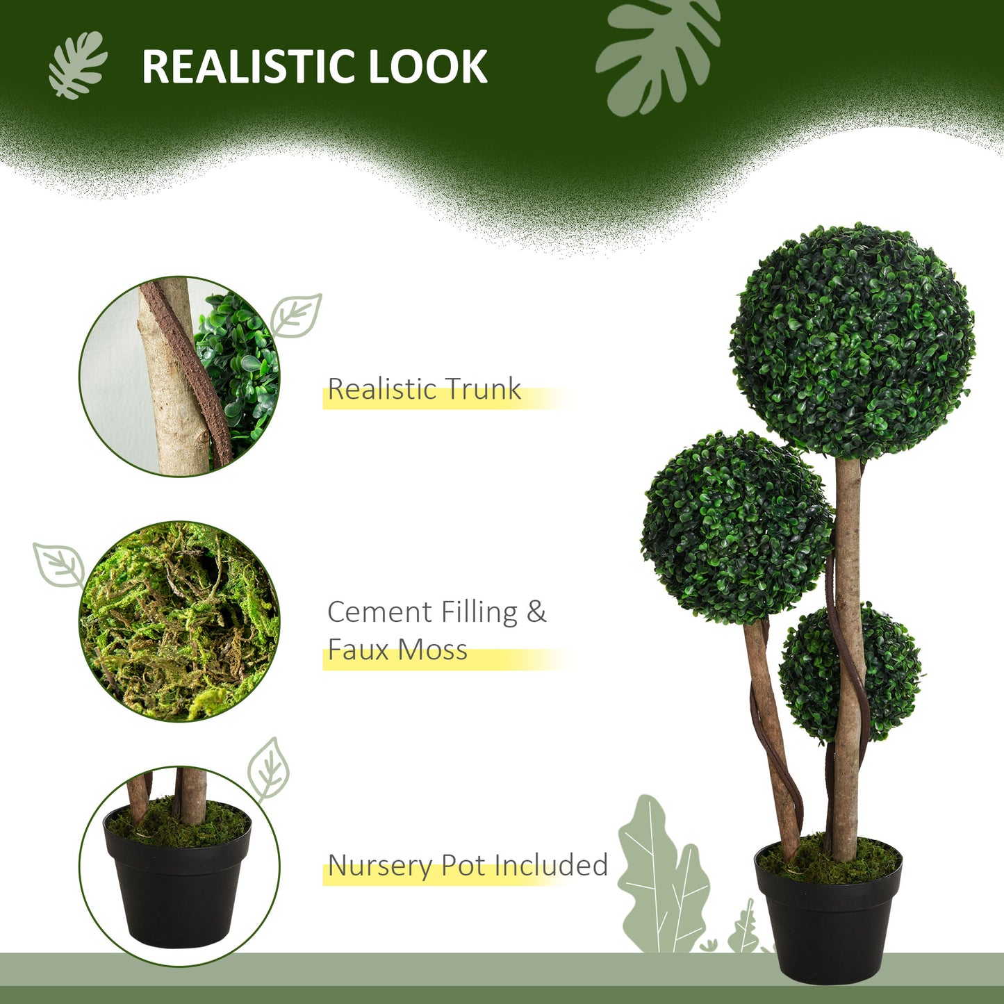 HOMCOM Decorative Artificial Tree Boxwood Ball Topiary Tree in Pot, Fake Plant for Home Indoor Outdoor Decor, 90 cm, Dark Green