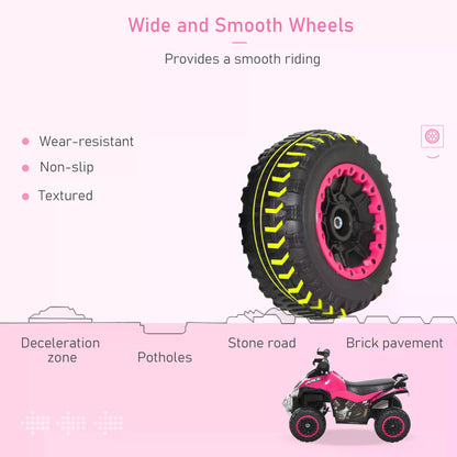 Ride-on toy motorcycle wheel with a wide, textured black tire and pink hub