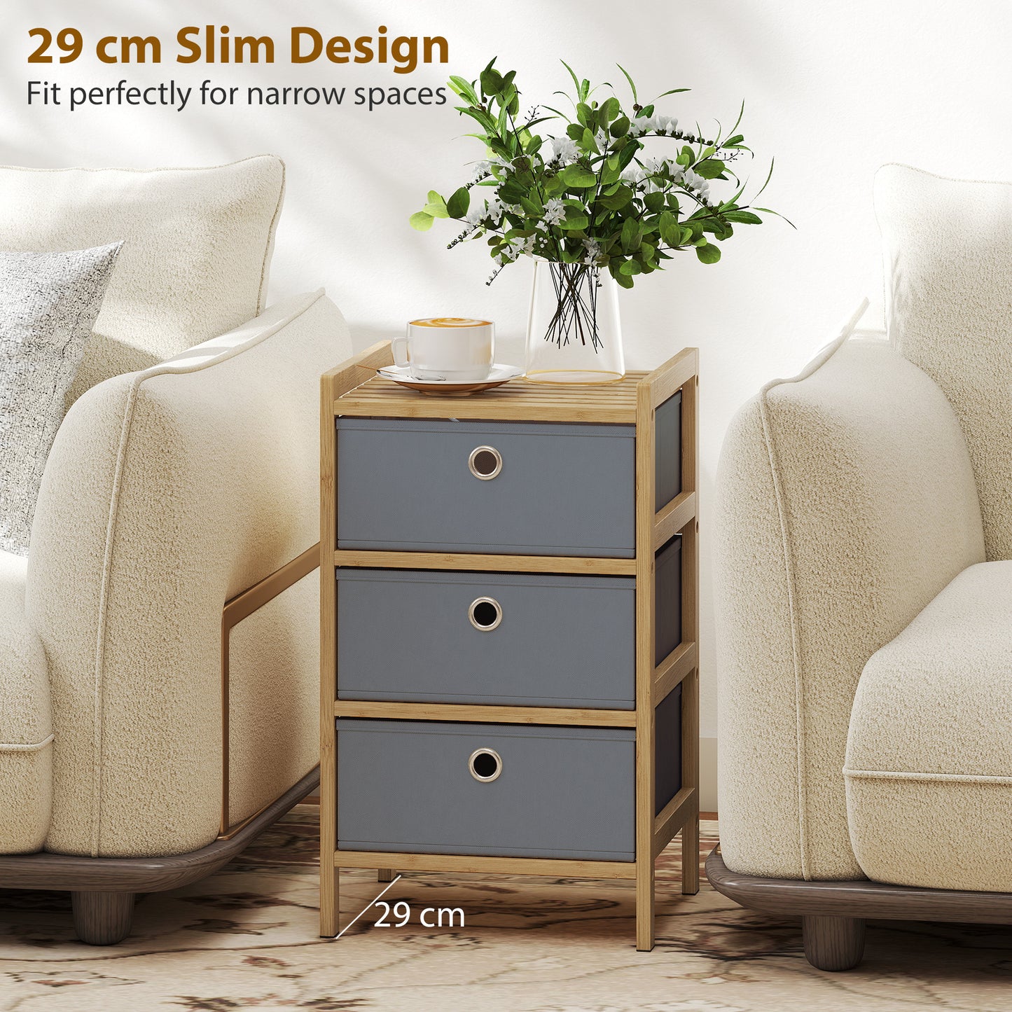 HOMCOM Chest of Drawers, 3 Fabric Drawers Narrow Dresser with Bamboo Frame, Light Grey