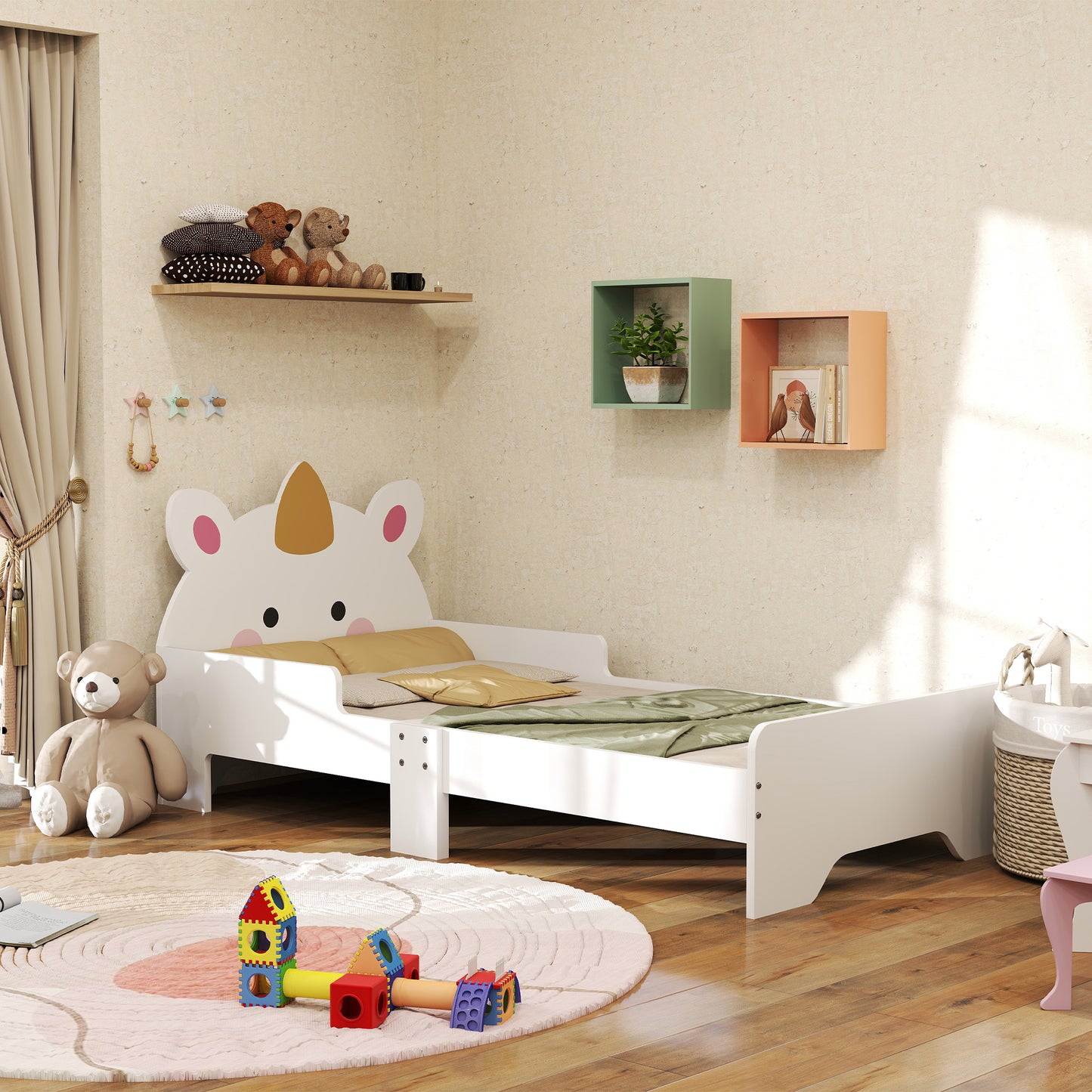 Photo of ZONEKIZ Unicorn-Designed Toddler Bed, Kids Bedroom Furniture, for Ages 3-6 Years, 143 x 74 x 67cm - White in White colour on a white background