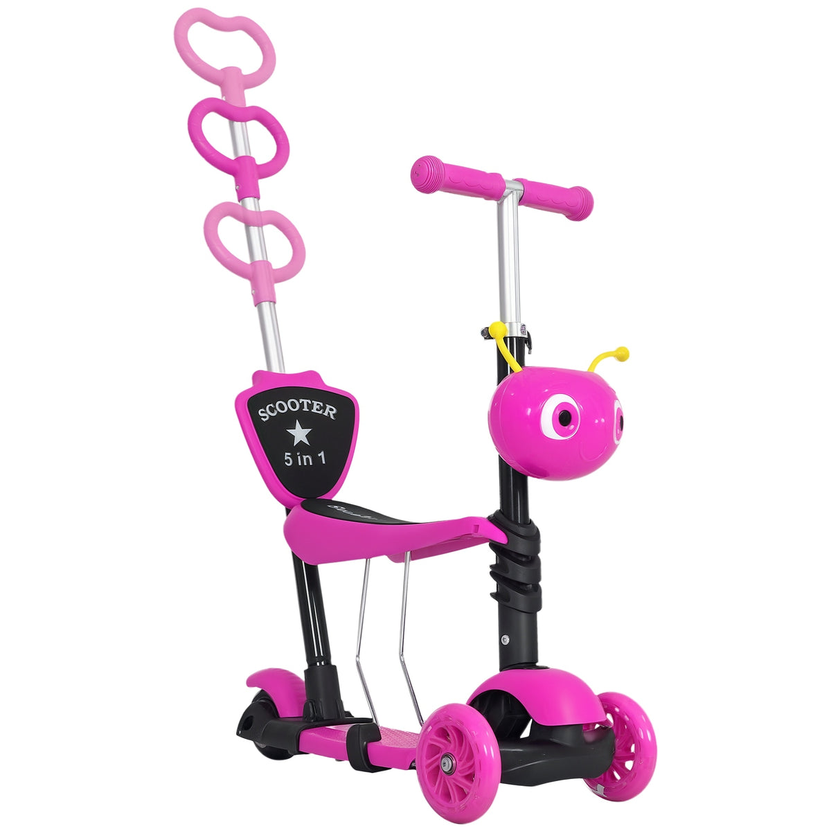 Pink 5-in-1 toddler scooter with removable seat, backrest and push handle