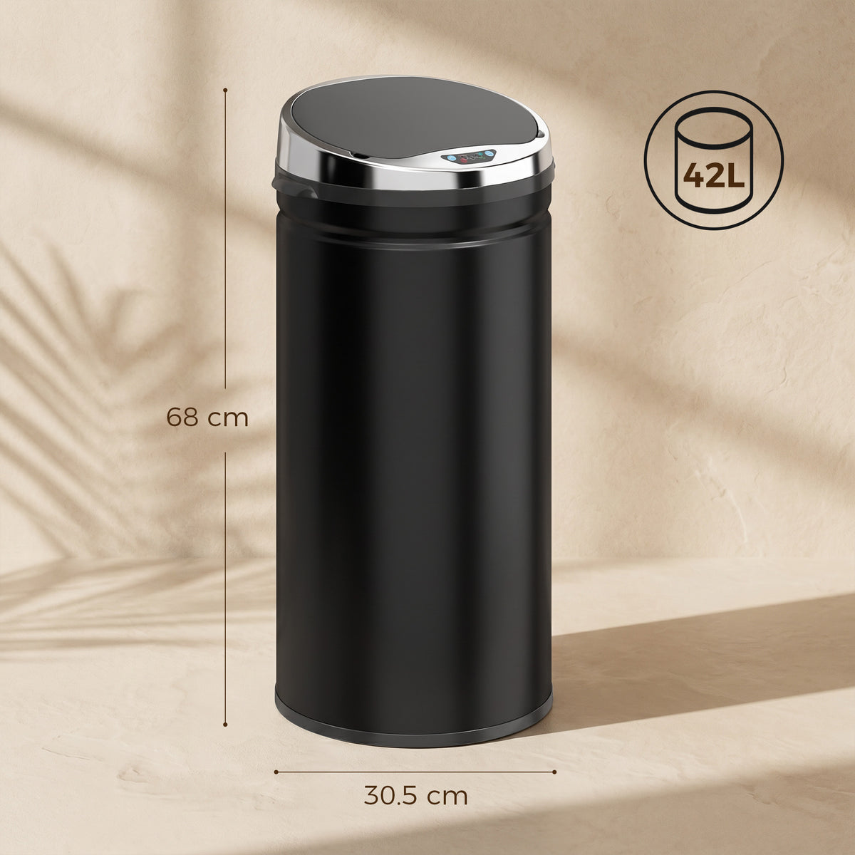 HOMCOM black round sensor bin, 42L capacity, 68 cm tall and 30.5 cm wide