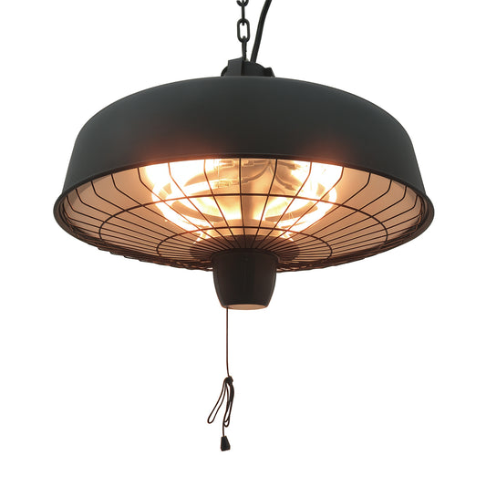 Outsunny black hanging patio heater with glowing elements, mesh guard, and pull cord