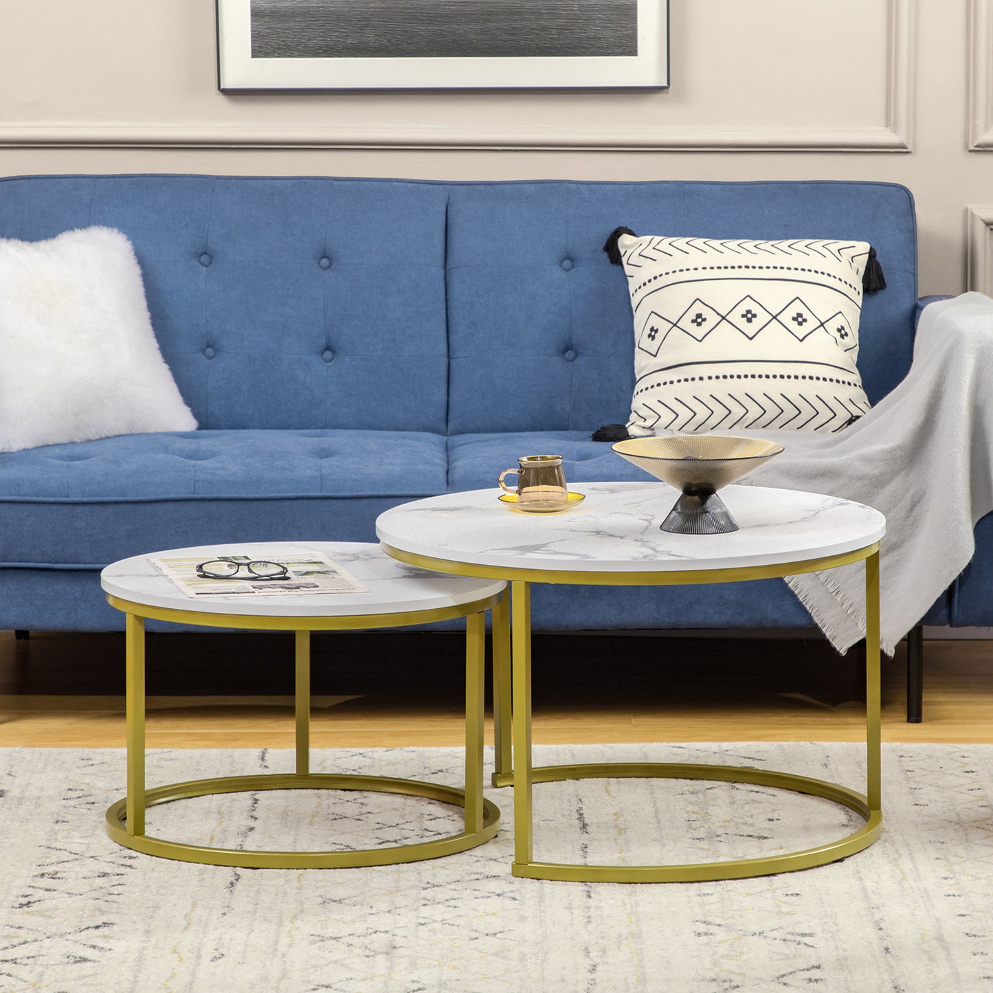 HOMCOM Coffee Table Set of 2, Round Nest of Tables with Metal Frame, Modern Side Tables for Living Room, White