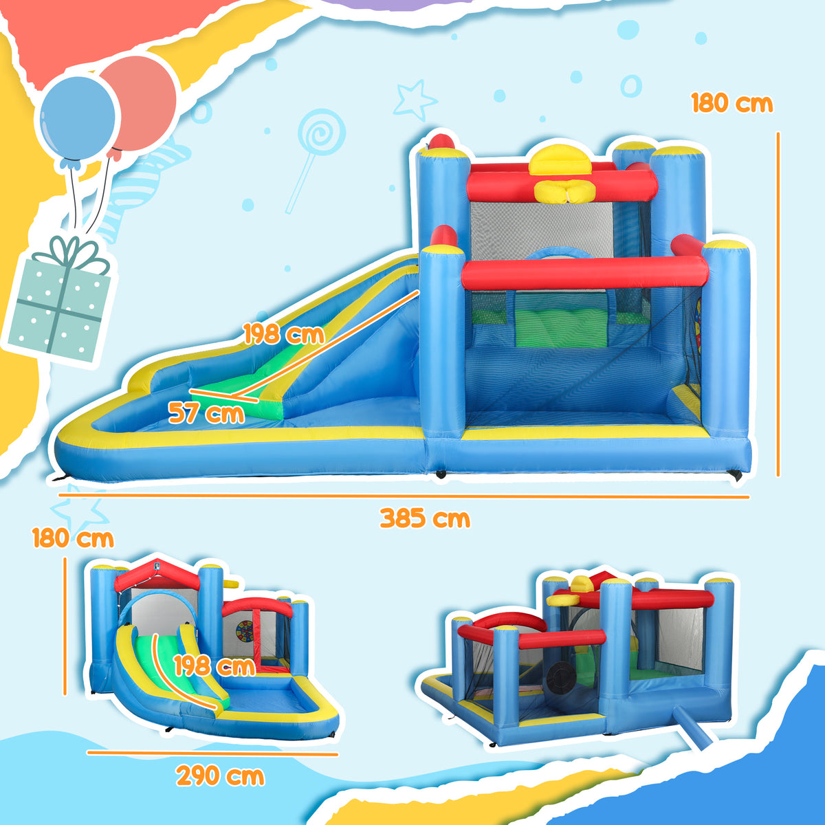 AIYAPLAY inflatable bouncy castle side and front views with dimensions marked