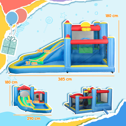 AIYAPLAY inflatable bouncy castle side and front views with dimensions marked