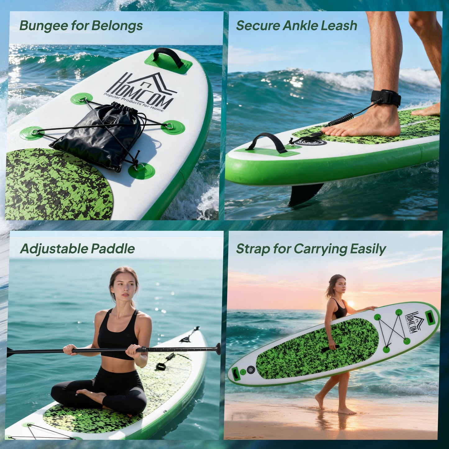 HOMCOM Inflatable Stand Up Paddle Board, 10' x 30" x 4", Non-Slip SUP, with ISUP Accessories, Hand Pump, 3 Fins, Adj Paddle for Youth Adult Beginners/Experts