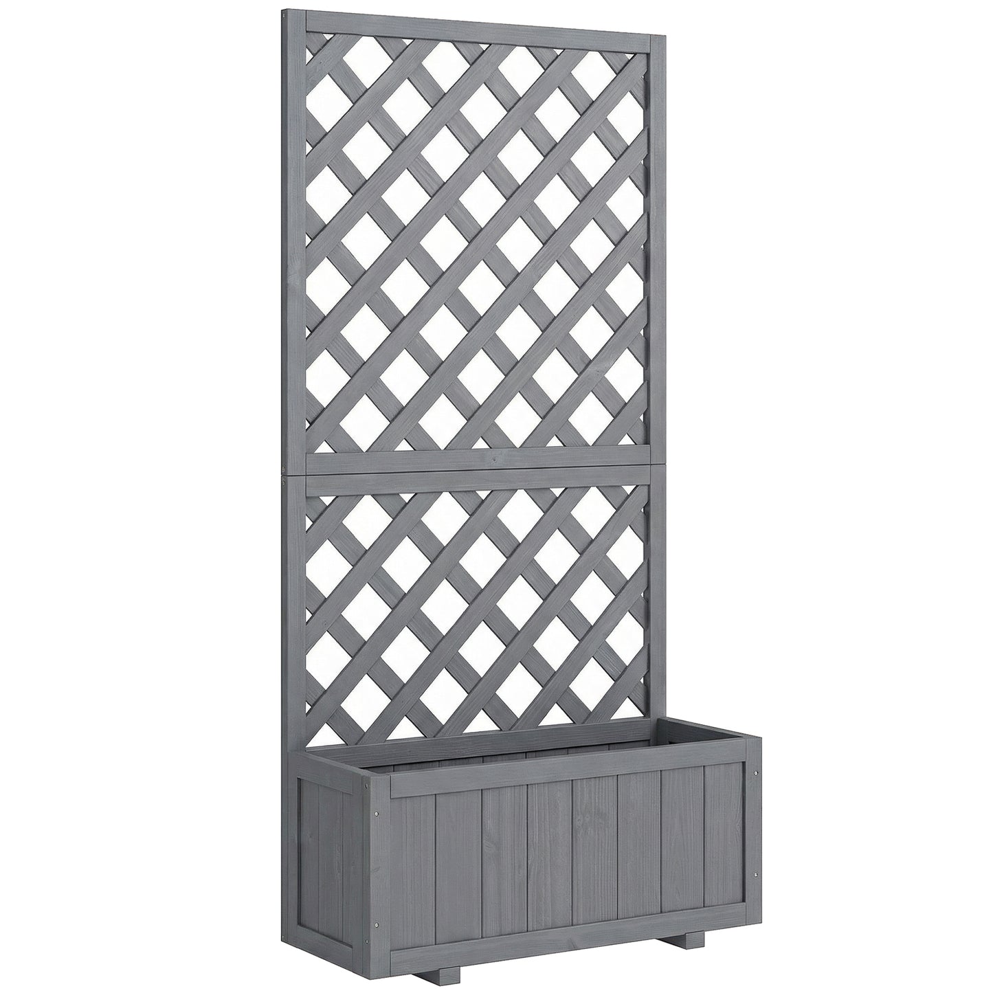 Photo of Outsunny Wood Planter with Trellis for Climbing Plants, Raised Bed, Planter Box with Drainage Holes to Grow Herbs Flowers, Grey in Grey colour on a white background