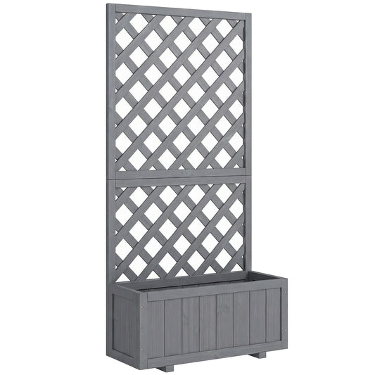 Photo of Outsunny Wood Planter with Trellis for Climbing Plants, Raised Bed, Planter Box with Drainage Holes to Grow Herbs Flowers, Grey in Grey colour on a white background