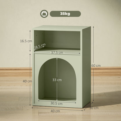 Light green bedside table with arched storage, shown with dimensions and 35 kg load rating
