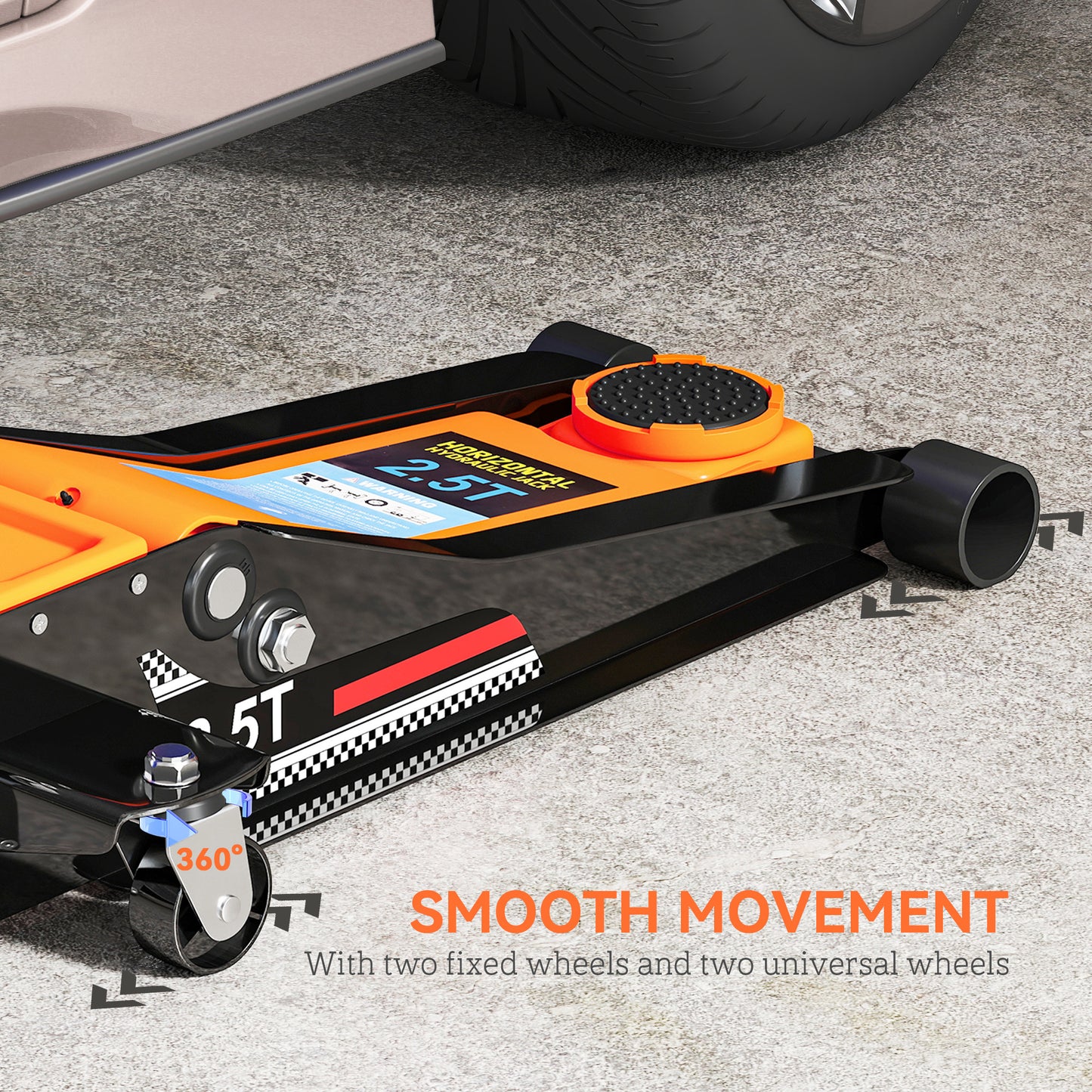 HOMCOM 2.5 Ton Hydraulic Low-Profile Floor Jack, with 7.5-47cm Lifting Range, Wheels, Orange