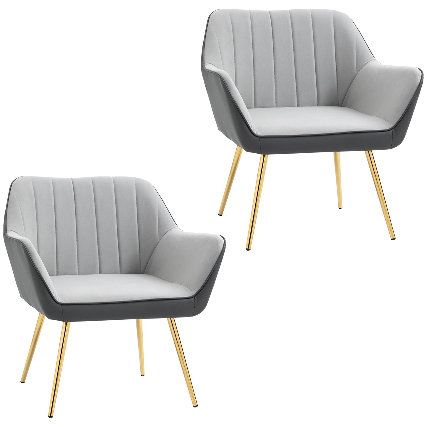 Photo of HOMCOM Velvet Armchairs, Upholstered Accent Chairs with Golden Steel Legs, Modern Vanity Chairs for Living Room and Bedroom, Set of 2, Light Grey in Grey colour on a white background