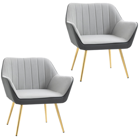 Photo of HOMCOM Velvet Armchairs, Upholstered Accent Chairs with Golden Steel Legs, Modern Vanity Chairs for Living Room and Bedroom, Set of 2, Light Grey in Grey colour on a white background