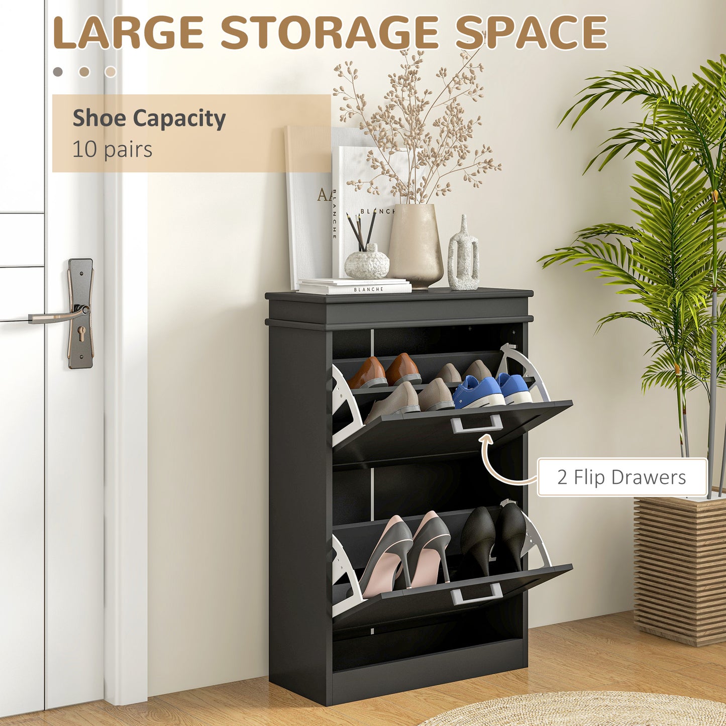 HOMCOM Two-Drawer Minimalistic 10-Shoe Cabinet - Black