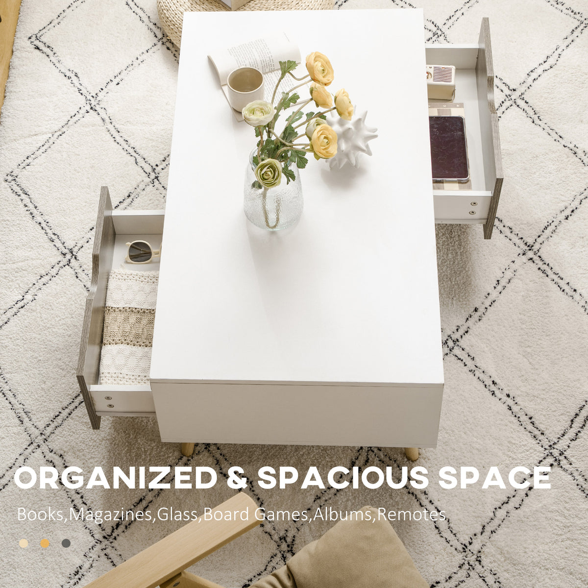 White coffee table with two open drawers and a central top surface