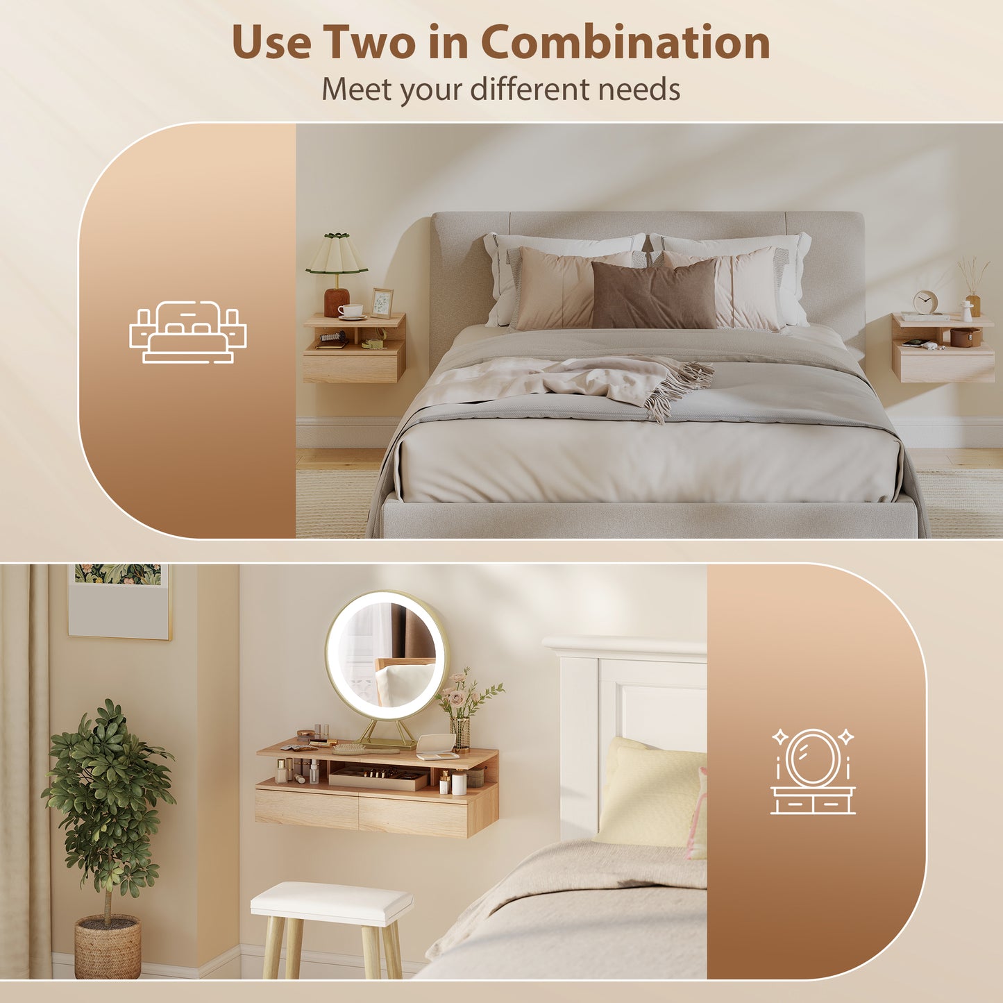 HOMCOM Set of Two Floating Bedside Tables - Oak Tone
