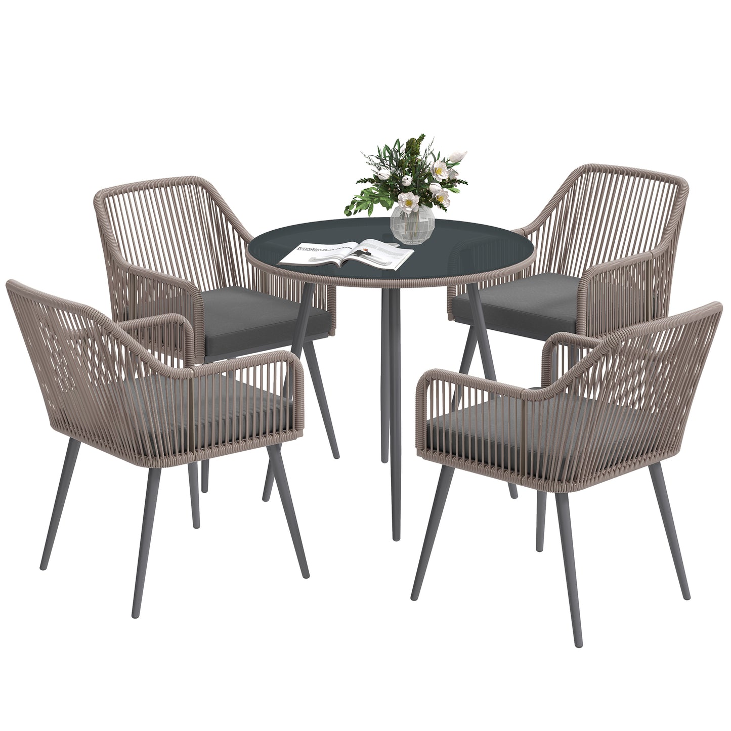Photo of Outsunny 4 Seater Rattan Dining Set, Rattan Garden Furniture Set with Parasol Hole, Outdoor Dining Table and Chairs Set with Cushions, Round Glass Top Table for Patio, Balcony, Light Brown in Brown colour on a white background