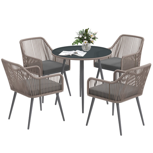 Photo of Outsunny 4 Seater Rattan Dining Set, Rattan Garden Furniture Set with Parasol Hole, Outdoor Dining Table and Chairs Set with Cushions, Round Glass Top Table for Patio, Balcony, Light Brown in Brown colour on a white background