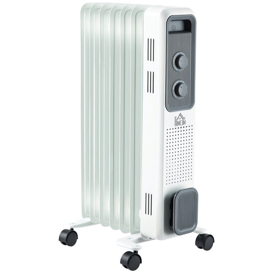 HOMCOM white oil-filled radiator heater with control knobs, finned body and caster wheels