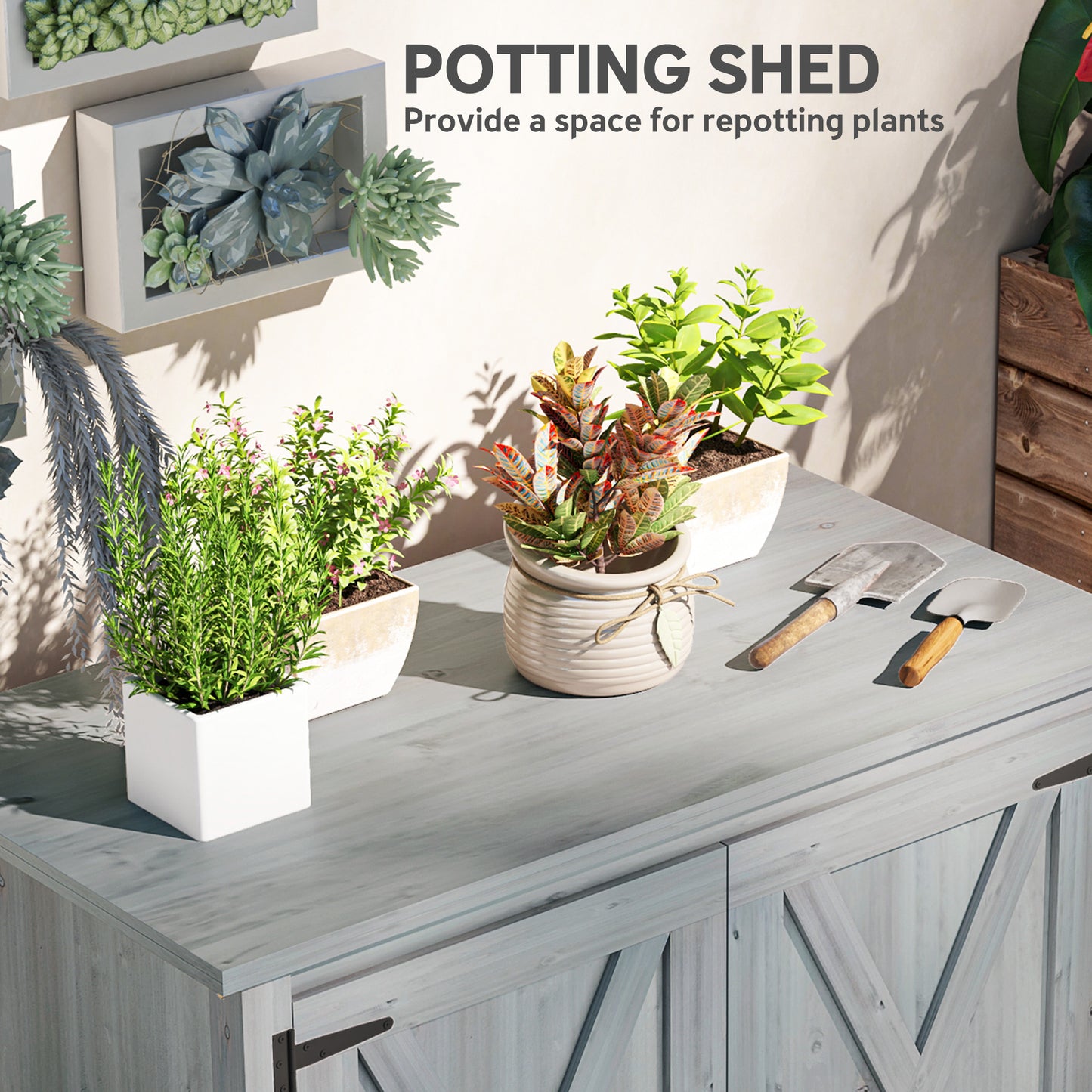 Outsunny Wooden Garden Shed, Outdoor Fir Wood Storage Shed with Shelf and Double Doors, Light Grey