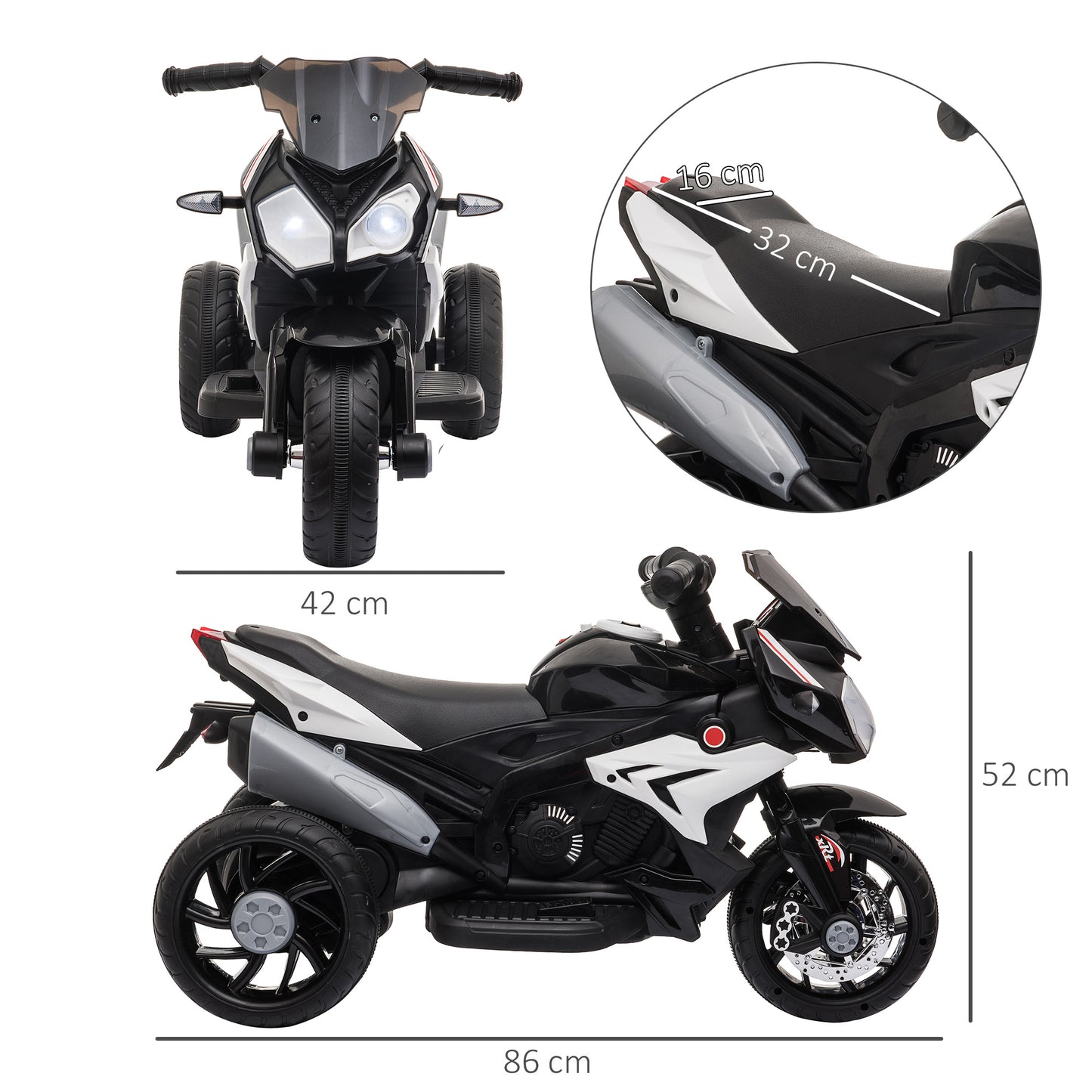 HOMCOM Kids Electric Motorcycle Ride-On Toy, with Three Wheels, Music, Horn, Lights