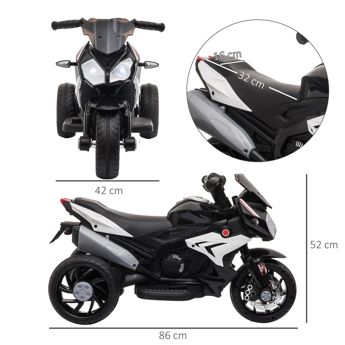 HOMCOM Kids Electric Motorcycle, 6V Ride on Motorcycle with 3 Wheels, LED Headlight, Music, Horn for Boys Girls 3-5 Y, Black