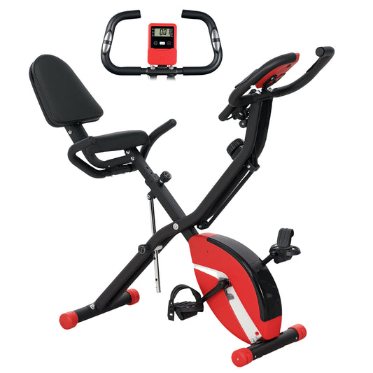 Photo of SPORTNOW Five-in-one Foldable Exercise Bike, Stationary Bike with Arm Workout Bands, LDC Monitor, Phone Holder, Red in Red colour on a white background