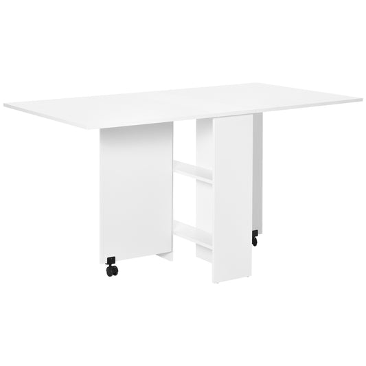 Photo of HOMCOM Folding Dining Table, Drop Leaf Table with 2-Tier Shelves, Rolling Casters, for Small Spaces, Kitchen, White in White colour on a white background