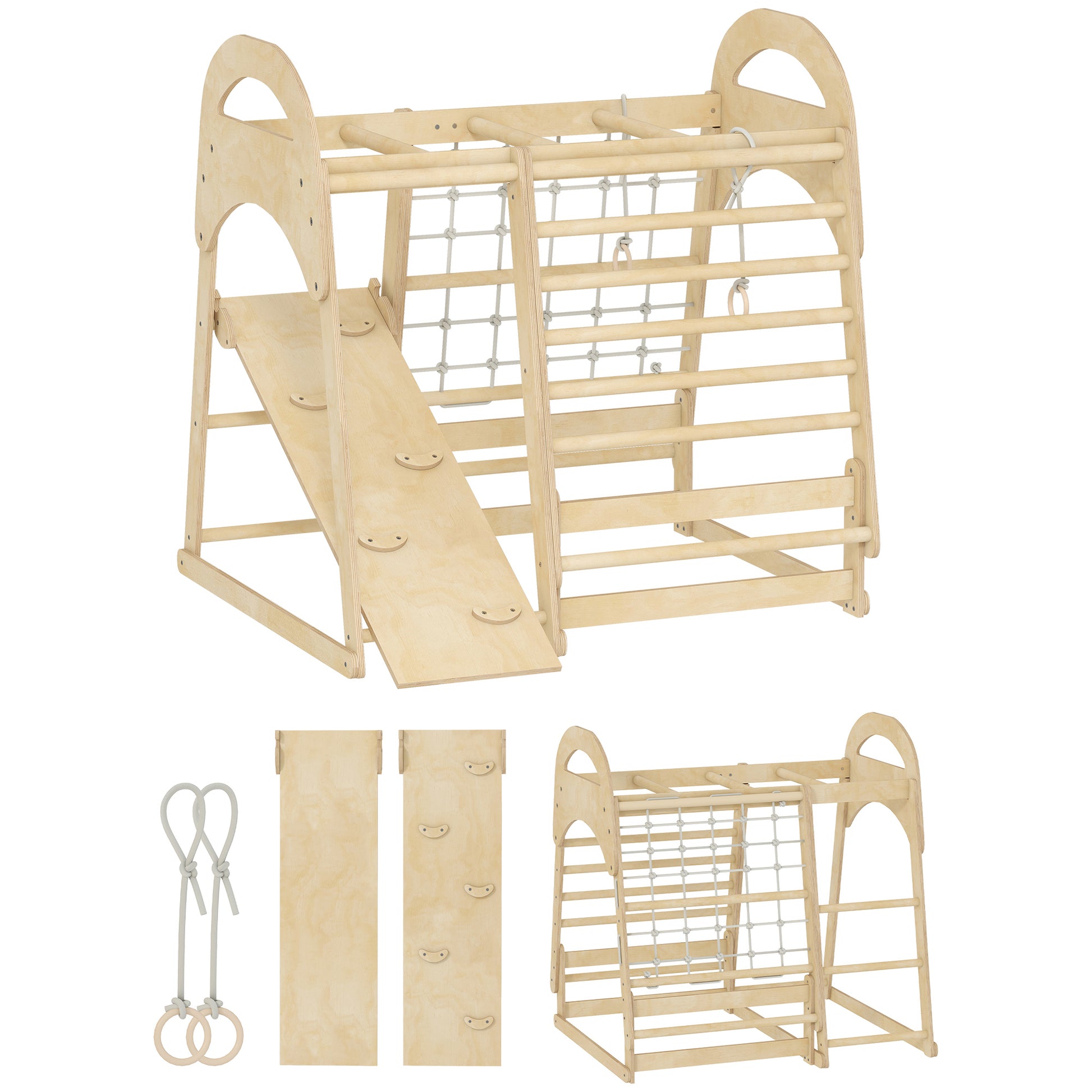 Photo of AIYAPLAY 6 in 1 Kids Climbing Frame with Slide, Monkey Bars, Gymnastics Rings, Ladder, Climbing Net, for 3-6 Years, Natural Tone in Tone colour on a white background