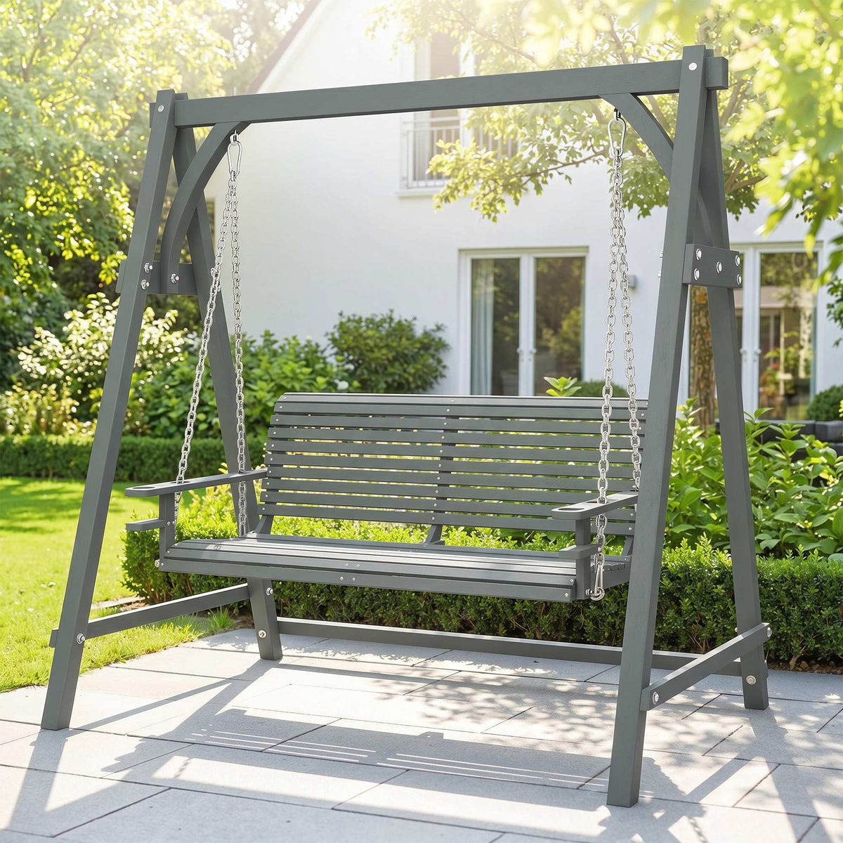 Outsunny gray two-seat wooden garden swing bench viewed from the front