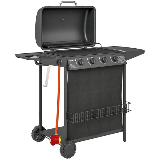 Photo of Outsunny 4+1 Burner Gas BBQ Grill, Portable Gas Barbecue Grill with Built-in Thermometer, Lid, Side Table, Shelf, Spice Rack, Wheels, Grease Cup for Garden Party Outdoor Cooking, Black in Black colour on a white background