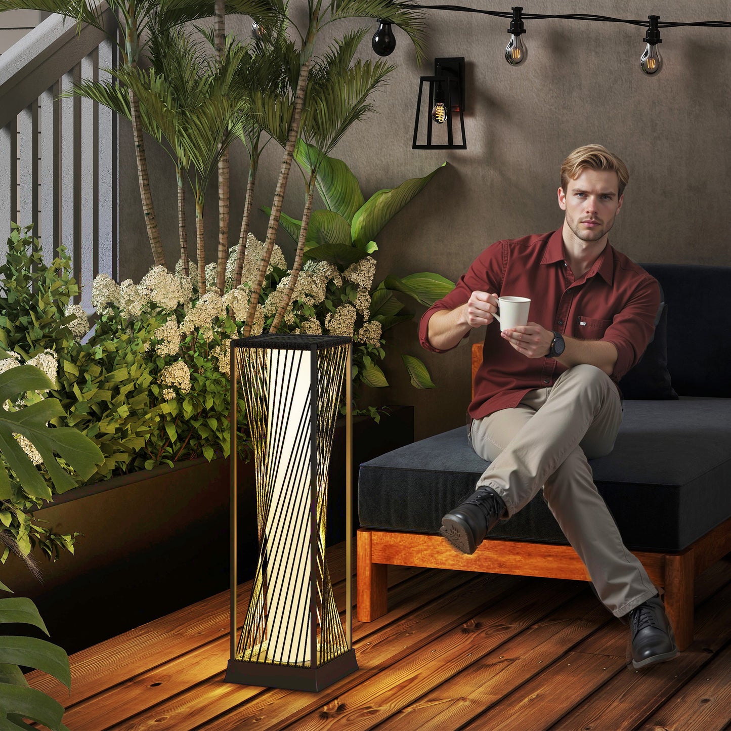 Outsunny Garden Rattan Lamp, 77 cm Tall Solar Rattan Floor Lamp, Solar Garden Light with Auto On/Off LED Lights, IP44 Waterproof for Outdoor, Porch, Pathway, Terrace, Grey