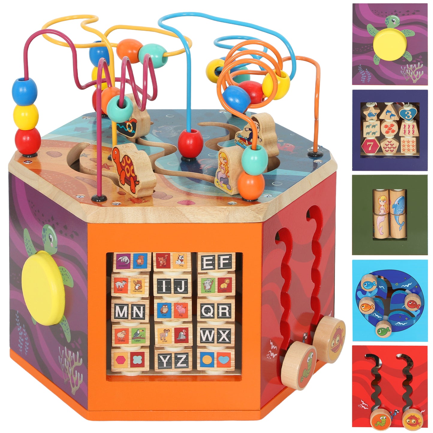 Photo of AIYAPLAY Wooden Activity Cube, Baby Toys with Bead Maze, Pattern Sorter for Toddlers Boys and Girls 18+ Months in Months colour on a white background