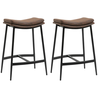 Pair of brown upholstered bar stools with curved seats and black steel frames