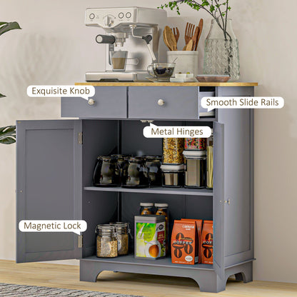 Grey sideboard with open doors, drawers, metal hinges, and interior storage shelves