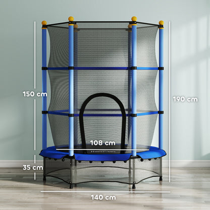 Blue kids trampoline with mesh enclosure and bottom net, shown with height and width measurements